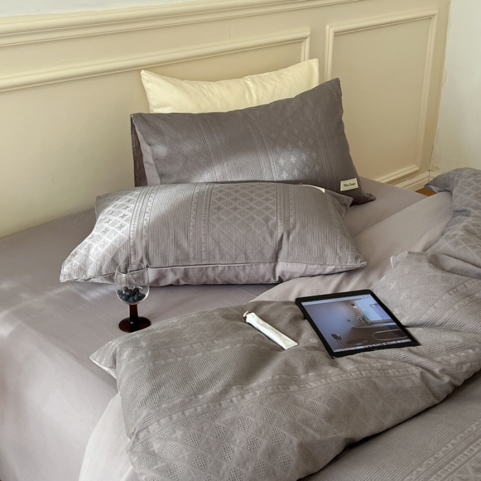 91家纺网 家纺一手货源 找家纺 昔可 2022新款60支水洗棉华夫格提花四件套拍法二 四花格大象灰