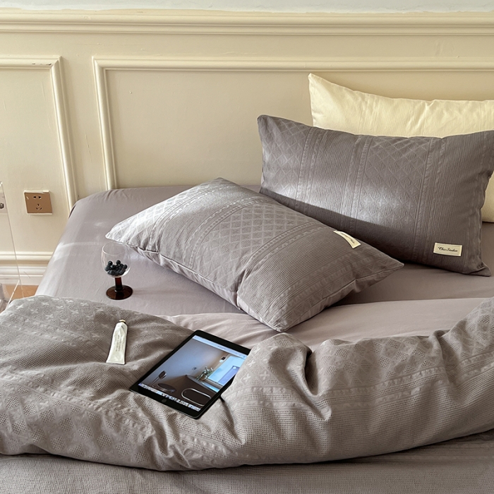 91家纺网 家纺一手货源 找家纺 昔可 2022新款60支水洗棉华夫格提花四件套拍法二 四花格大象灰