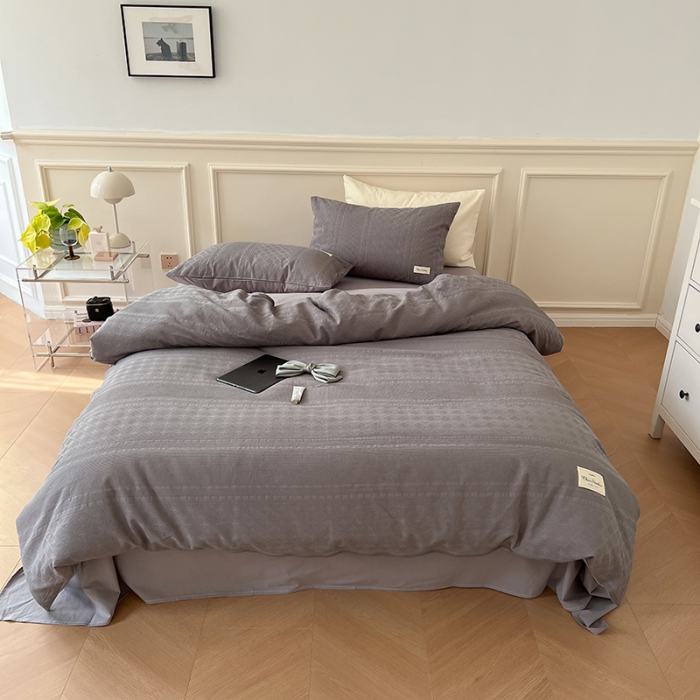 91家纺网 家纺一手货源 找家纺 昔可 2022新款60支水洗棉华夫格提花四件套拍法二 四花格大象灰