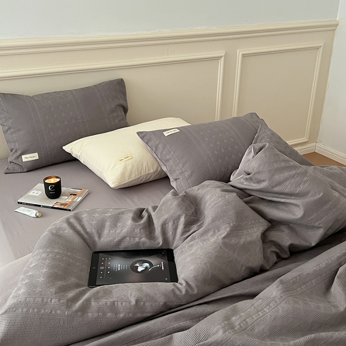 91家纺网 家纺一手货源 找家纺 昔可 2022新款60支水洗棉华夫格提花四件套拍法二 四花格大象灰