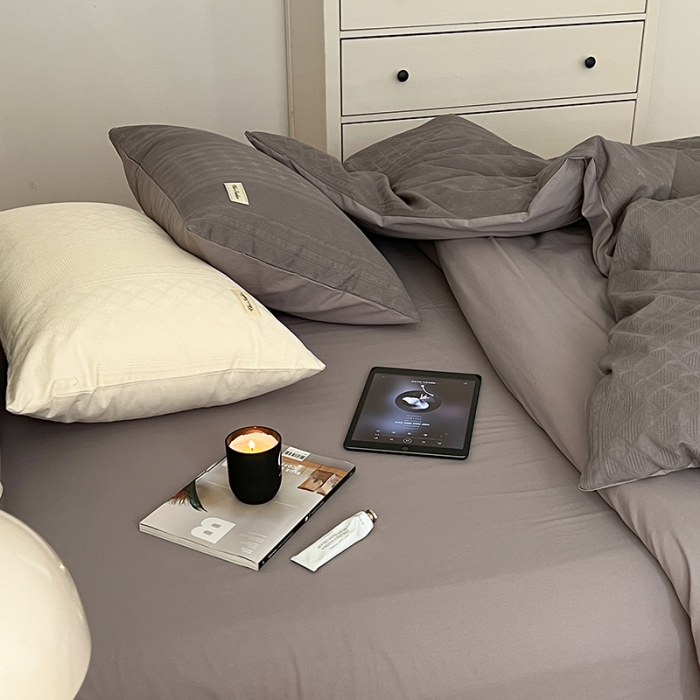 91家纺网 家纺一手货源 找家纺 昔可 2022新款60支水洗棉华夫格提花四件套拍法二 四花格大象灰