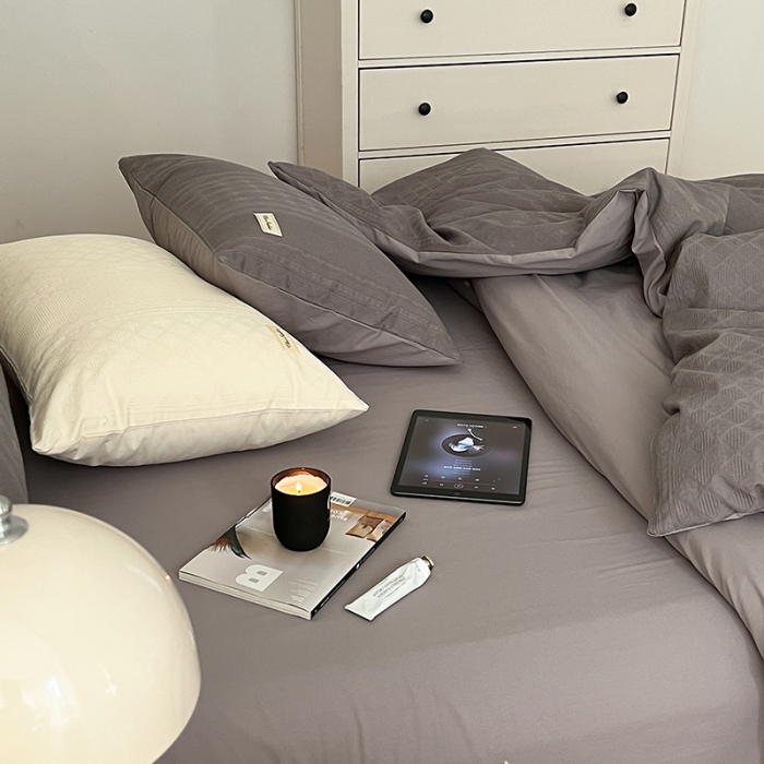 91家纺网 家纺一手货源 找家纺 昔可 2022新款60支水洗棉华夫格提花四件套拍法二 四花格大象灰