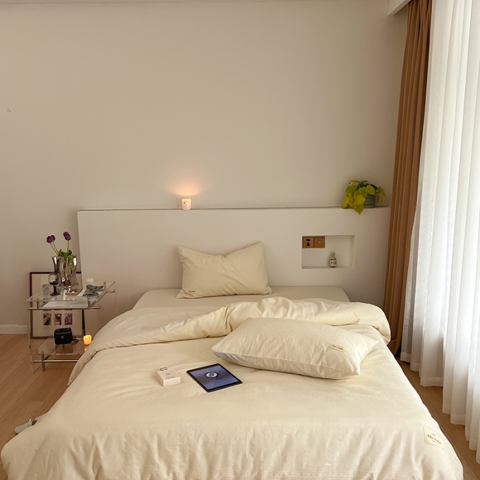 91家纺网 家纺一手货源 找家纺 昔可 2022新款60支水洗棉华夫格提花四件套拍法二 四花格米白