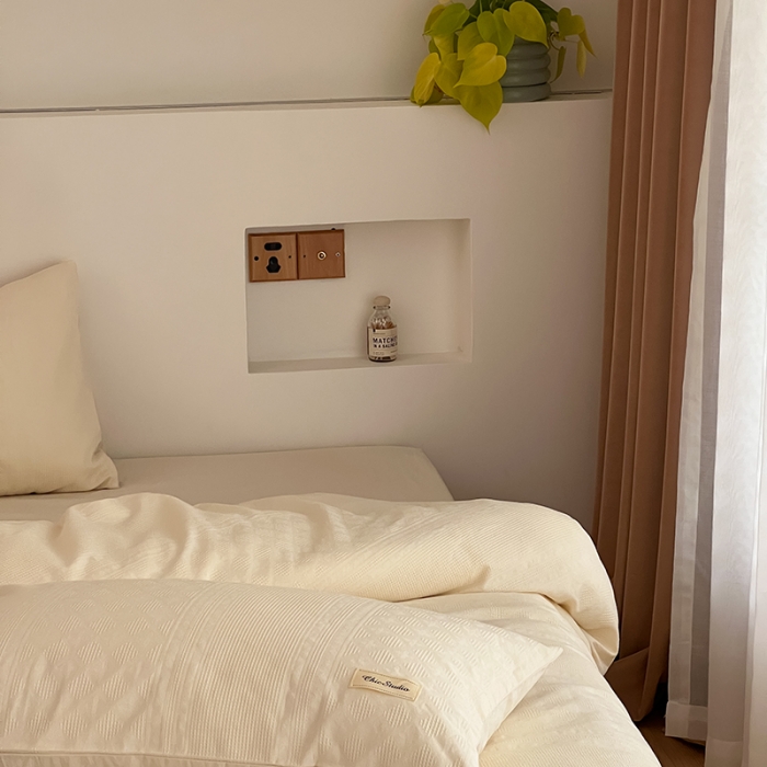 91家纺网 家纺一手货源 找家纺 昔可 2022新款60支水洗棉华夫格提花四件套拍法二 四花格米白