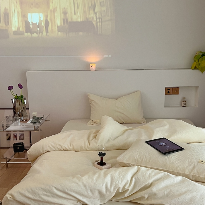 91家纺网 家纺一手货源 找家纺 昔可 2022新款60支水洗棉华夫格提花四件套拍法二 四花格米白