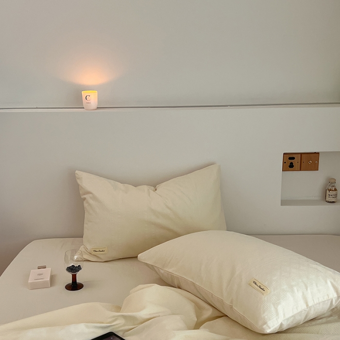 91家纺网 家纺一手货源 找家纺 昔可 2022新款60支水洗棉华夫格提花四件套拍法二 四花格米白