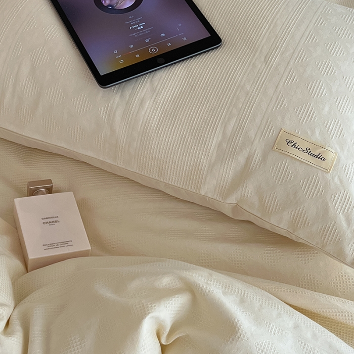 91家纺网 家纺一手货源 找家纺 昔可 2022新款60支水洗棉华夫格提花四件套拍法二 四花格米白