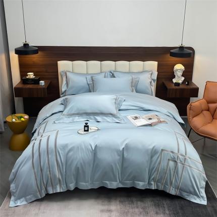 91家纺网 家纺一手货源 找家纺 缔缦家纺 2022新款100s澳棉刺绣系列四件套-布朗城堡 布朗城堡-希腊蓝