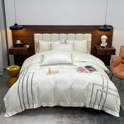 91家纺网 家纺一手货源 找家纺 缔缦家纺 2022新款100s澳棉刺绣系列四件套-布朗城堡 布朗城堡-象牙白