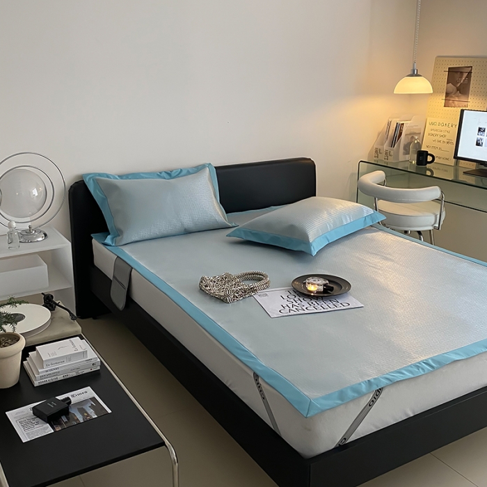 91家纺网 家纺一手货源 找家纺 昔可 2022新款900D水洗提花养生凉席 小千鸟格-蓝