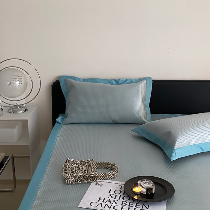 91家纺网 家纺一手货源 找家纺 昔可 2022新款900D水洗提花养生凉席 小千鸟格-蓝