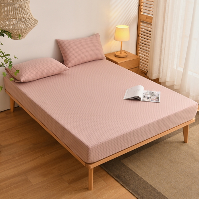 91家纺网 家纺一手货源 找家纺 雪云美 2024新款A类色织纯棉水洗棉100%新疆棉全棉床笠 粉小方格