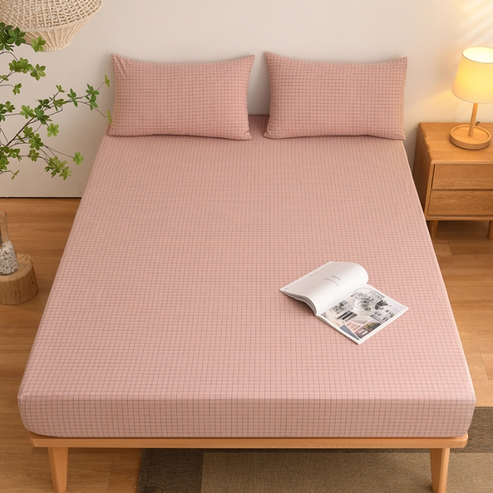 91家纺网 家纺一手货源 找家纺 雪云美 2024新款A类色织纯棉水洗棉100%新疆棉全棉床笠 粉小方格