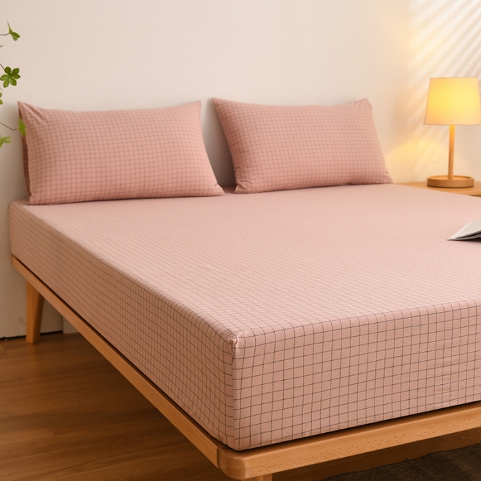 91家纺网 家纺一手货源 找家纺 雪云美 2024新款A类色织纯棉水洗棉100%新疆棉全棉床笠 粉小方格