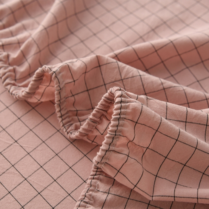 91家纺网 家纺一手货源 找家纺 雪云美 2024新款A类色织纯棉水洗棉100%新疆棉全棉床笠 粉小方格