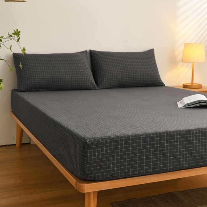 91家纺网 家纺一手货源 找家纺 雪云美 2024新款A类色织纯棉水洗棉100%新疆棉全棉床笠 灰小方格