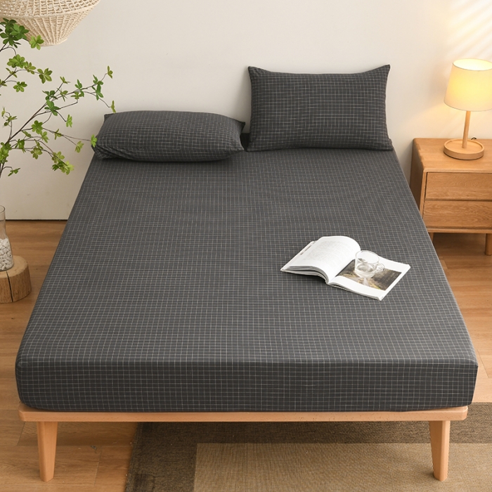 91家纺网 家纺一手货源 找家纺 雪云美 2024新款A类色织纯棉水洗棉100%新疆棉全棉床笠 灰小方格