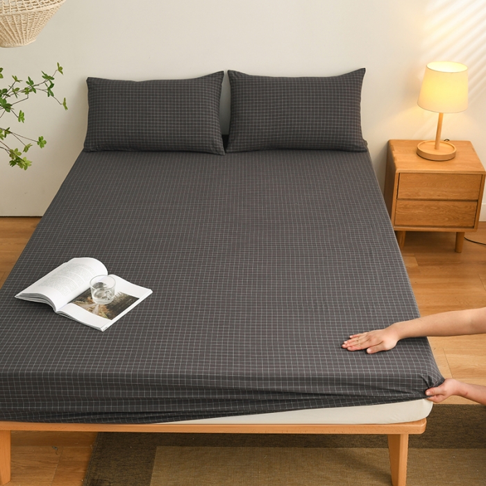 91家纺网 家纺一手货源 找家纺 雪云美 2024新款A类色织纯棉水洗棉100%新疆棉全棉床笠 灰小方格