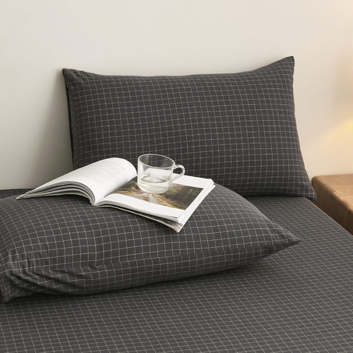 91家纺网 家纺一手货源 找家纺 雪云美 2024新款A类色织纯棉水洗棉100%新疆棉全棉床笠 灰小方格