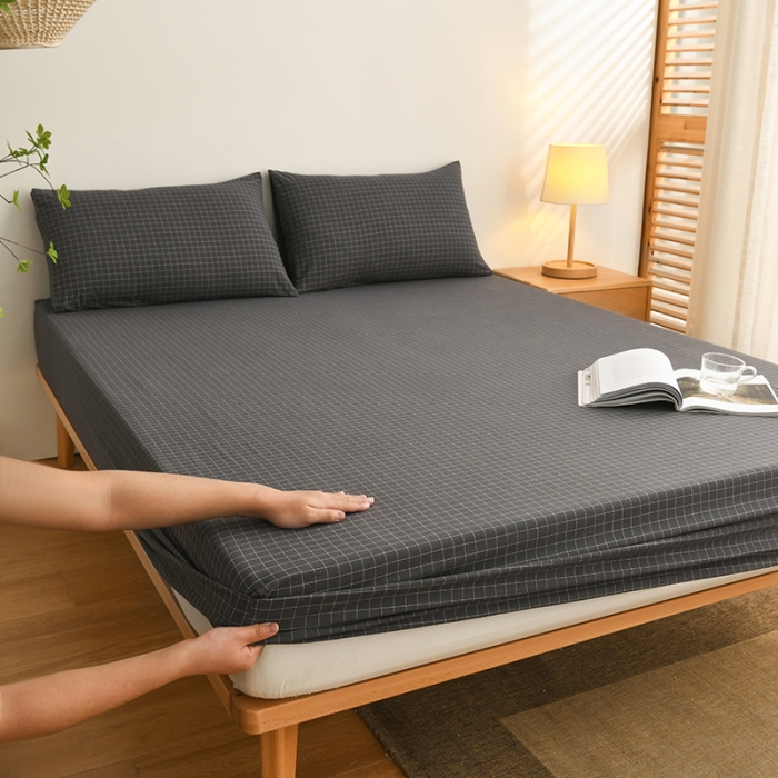 91家纺网 家纺一手货源 找家纺 雪云美 2024新款A类色织纯棉水洗棉100%新疆棉全棉床笠 灰小方格