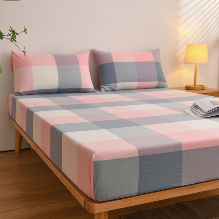 91家纺网 家纺一手货源 找家纺 雪云美 2024新款A类色织纯棉水洗棉100%新疆棉全棉床笠 蓝粉格