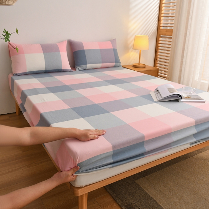 91家纺网 家纺一手货源 找家纺 雪云美 2024新款A类色织纯棉水洗棉100%新疆棉全棉床笠 蓝粉格