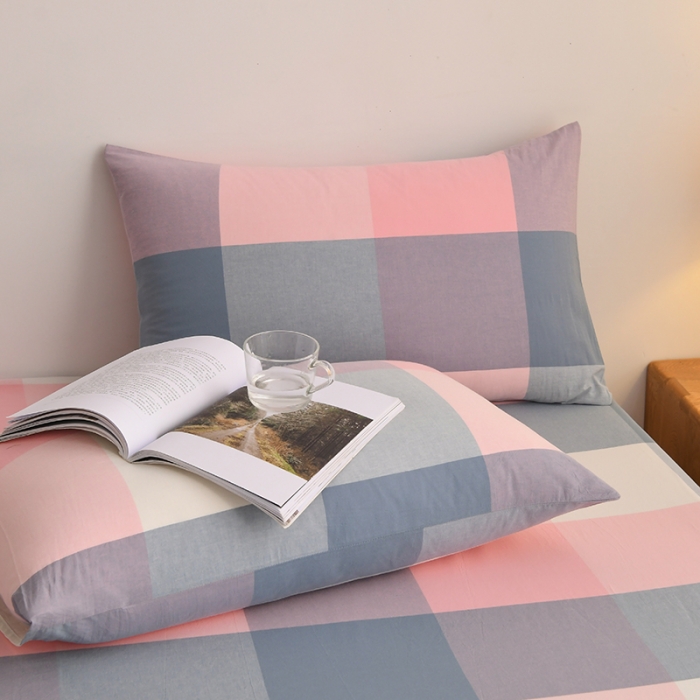 91家纺网 家纺一手货源 找家纺 雪云美 2024新款A类色织纯棉水洗棉100%新疆棉全棉床笠 蓝粉格