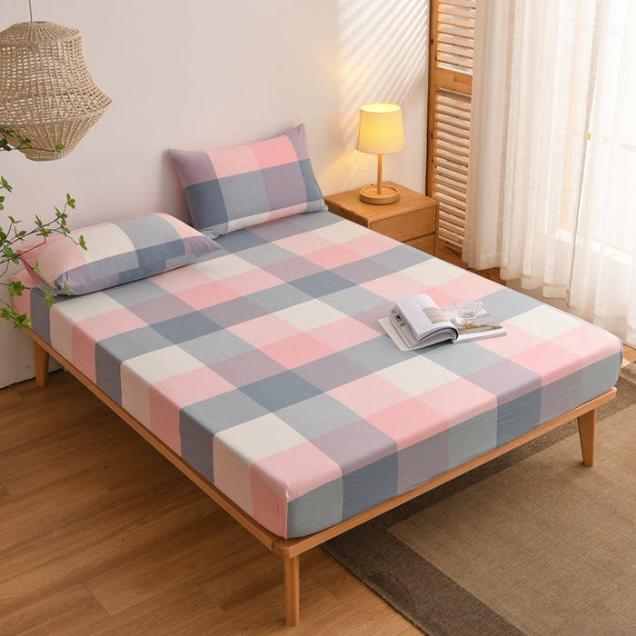 91家纺网 家纺一手货源 找家纺 雪云美 2024新款A类色织纯棉水洗棉100%新疆棉全棉床笠 蓝粉格