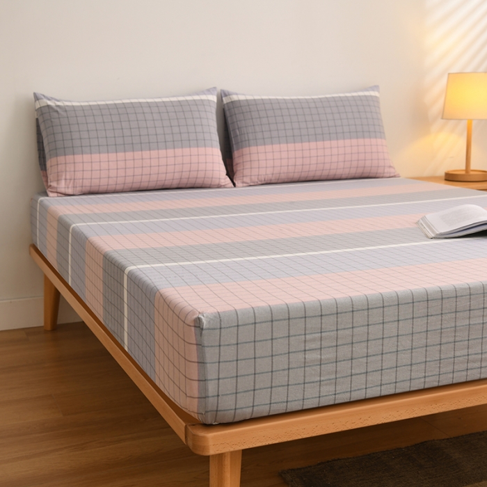 91家纺网 家纺一手货源 找家纺 雪云美 2024新款A类色织纯棉水洗棉100%新疆棉全棉床笠 马丁粉