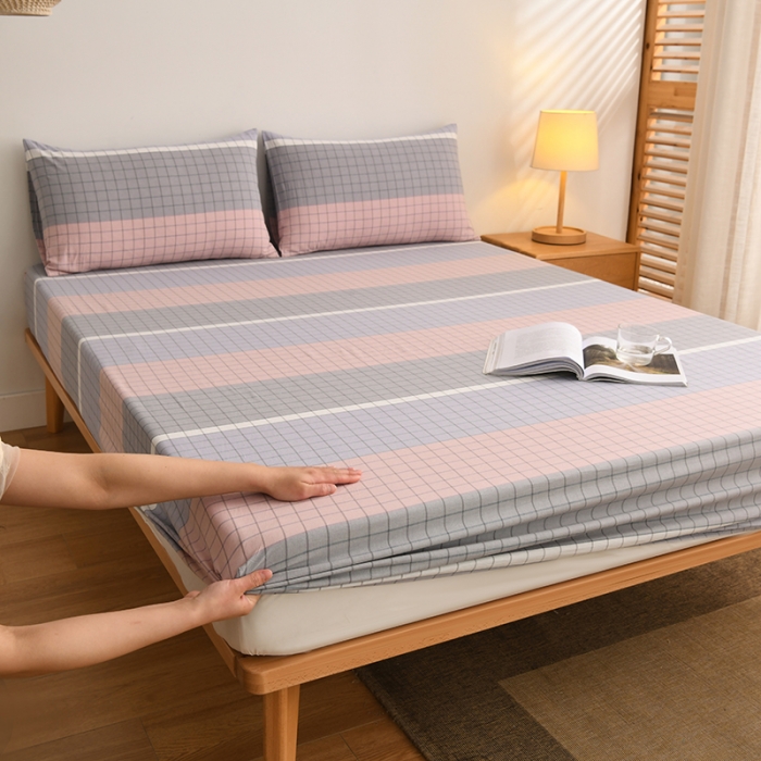 91家纺网 家纺一手货源 找家纺 雪云美 2024新款A类色织纯棉水洗棉100%新疆棉全棉床笠 马丁粉