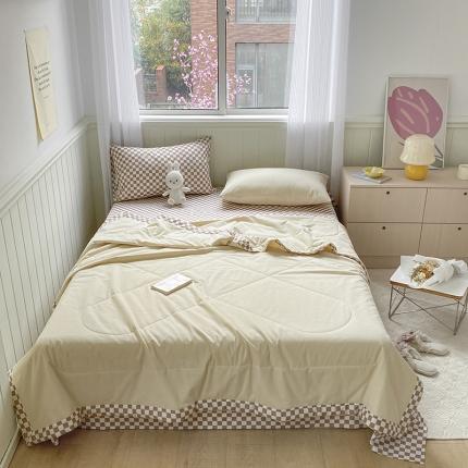 91家纺网 家纺一手货源 找家纺 三朵 2022新款水洗棉夏被四件套 咖格