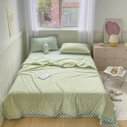 91家纺网 家纺一手货源 找家纺 三朵 2022新款水洗棉夏被四件套 奶绿格