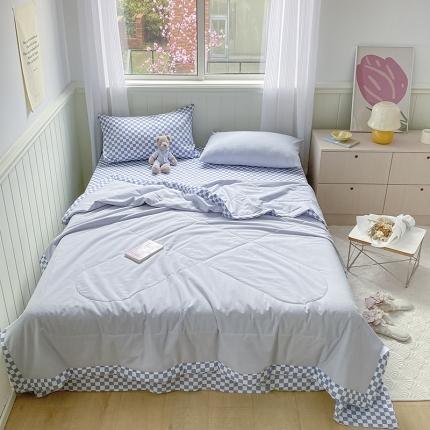 91家纺网 家纺一手货源 找家纺 三朵 2022新款水洗棉夏被四件套 浅蓝格