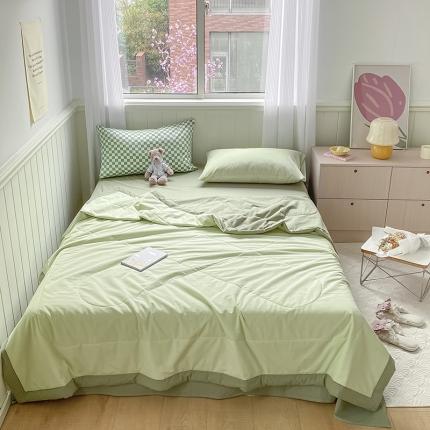 91家纺网 家纺一手货源 找家纺 三朵 2022新款水洗棉夏被四件套 深绿