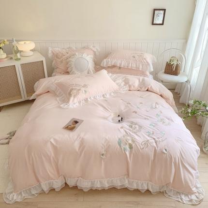 91家纺网 家纺一手货源 找家纺 眠屿 2022新款绣花水洗棉四件套花之润 花之润-浅粉