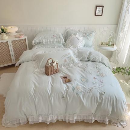 91家纺网 家纺一手货源 找家纺 眠屿 2022新款绣花水洗棉四件套花之润 花之润-浅绿