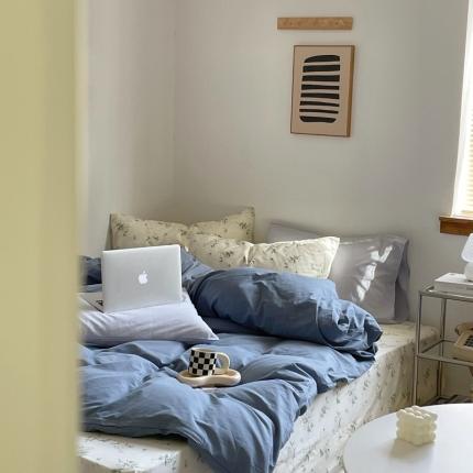 91家纺网 家纺一手货源 找家纺 新款40s全棉水洗棉四件套纯色碎花混搭纯棉 素瑾-雾蓝+栀子