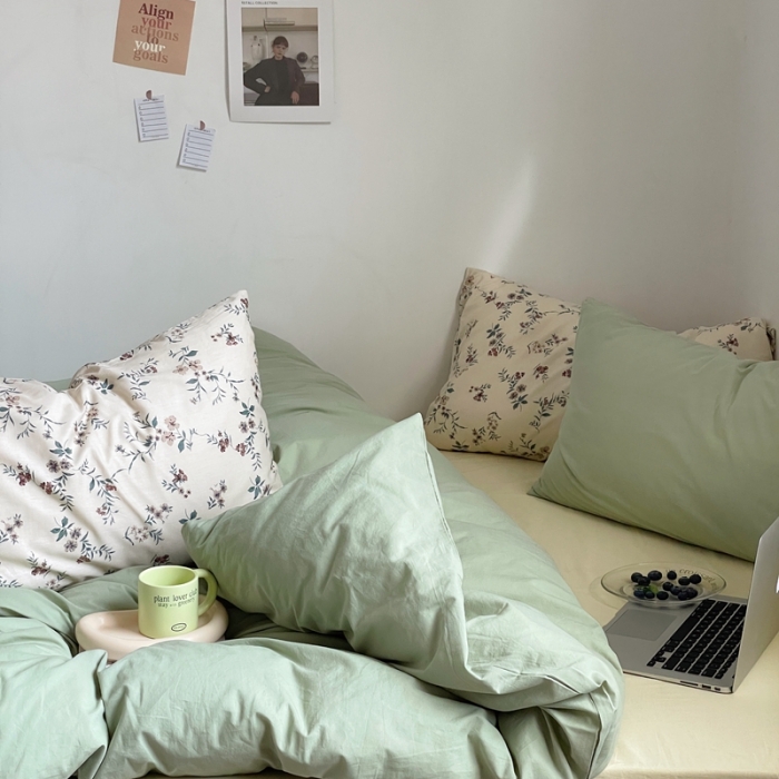 91家纺网 家纺一手货源 找家纺 新款40s全棉水洗棉四件套纯色碎花混搭纯棉初春-淡雅绿+奶茶