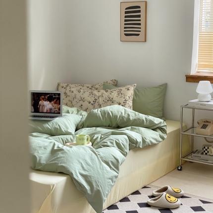 新款40s全棉水洗棉四件套纯色碎花混搭纯棉初春-淡雅绿+奶茶