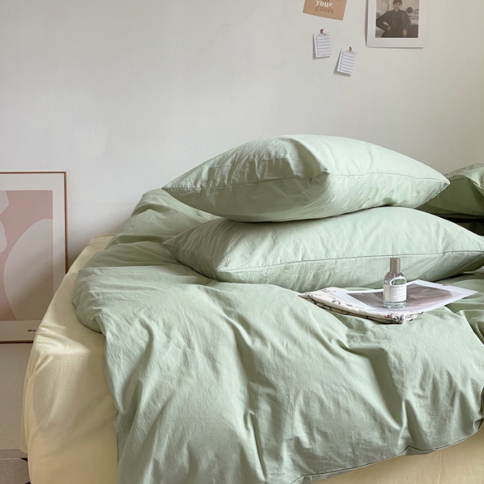 91家纺网 家纺一手货源 找家纺 新款40s全棉水洗棉四件套纯色碎花混搭纯棉初春-淡雅绿+奶茶