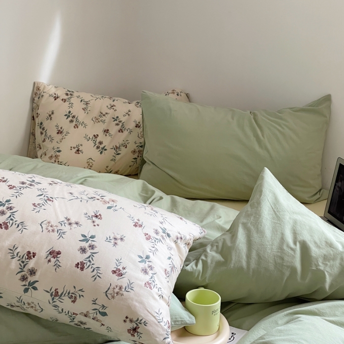 91家纺网 家纺一手货源 找家纺 新款40s全棉水洗棉四件套纯色碎花混搭纯棉初春-淡雅绿+奶茶