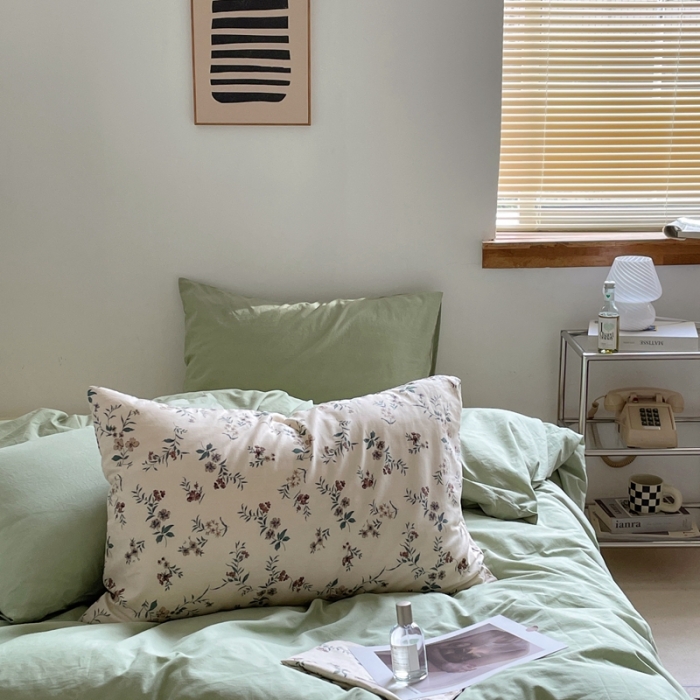 91家纺网 家纺一手货源 找家纺 新款40s全棉水洗棉四件套纯色碎花混搭纯棉初春-淡雅绿+奶茶