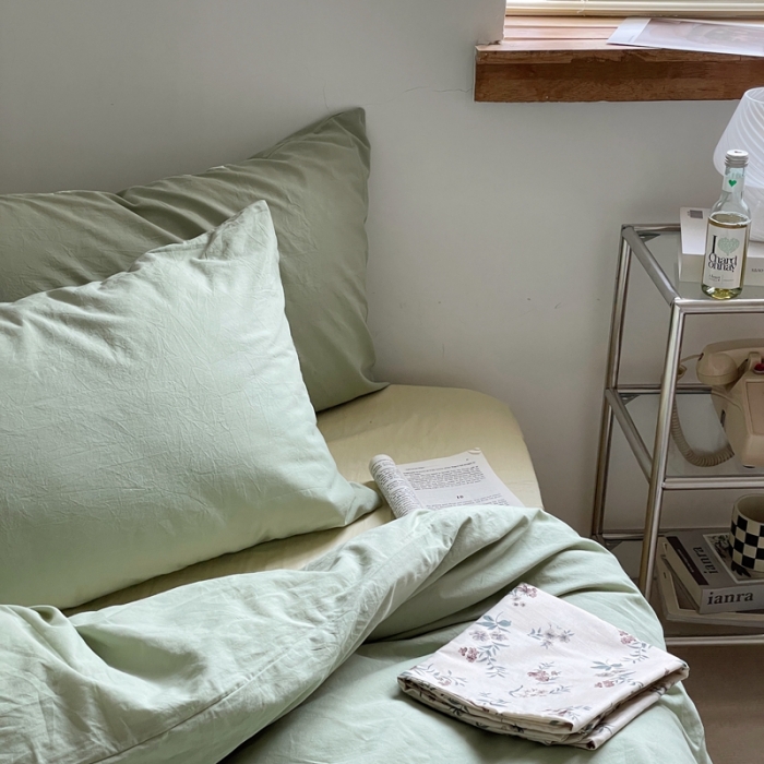 91家纺网 家纺一手货源 找家纺 新款40s全棉水洗棉四件套纯色碎花混搭纯棉初春-淡雅绿+奶茶