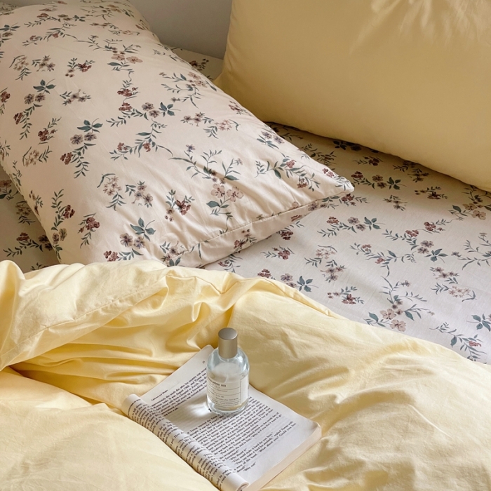 91家纺网 家纺一手货源 找家纺 新款40s全棉水洗棉四件套纯色碎花混搭纯棉春锦-奶茶+香草