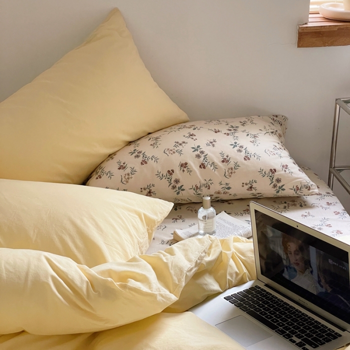 91家纺网 家纺一手货源 找家纺 新款40s全棉水洗棉四件套纯色碎花混搭纯棉春锦-奶茶+香草