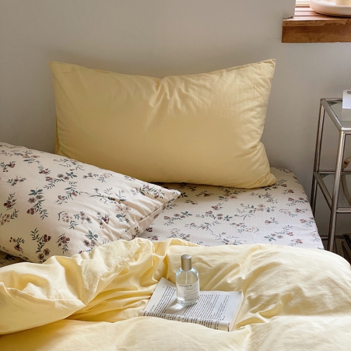 91家纺网 家纺一手货源 找家纺 新款40s全棉水洗棉四件套纯色碎花混搭纯棉春锦-奶茶+香草