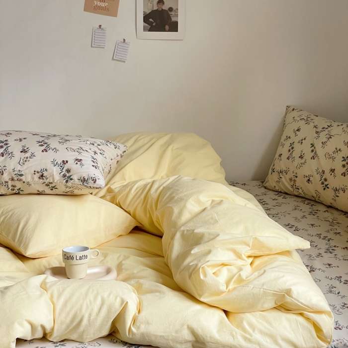 91家纺网 家纺一手货源 找家纺 新款40s全棉水洗棉四件套纯色碎花混搭纯棉春锦-奶茶+香草