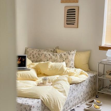 新款40s全棉水洗棉四件套纯色碎花混搭纯棉春锦-奶茶+香草