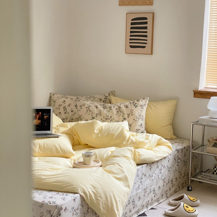 91家纺网 家纺一手货源 找家纺 新款40s全棉水洗棉四件套纯色碎花混搭纯棉春锦-奶茶+香草