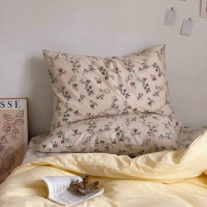 91家纺网 家纺一手货源 找家纺 新款40s全棉水洗棉四件套纯色碎花混搭纯棉春锦-奶茶+香草